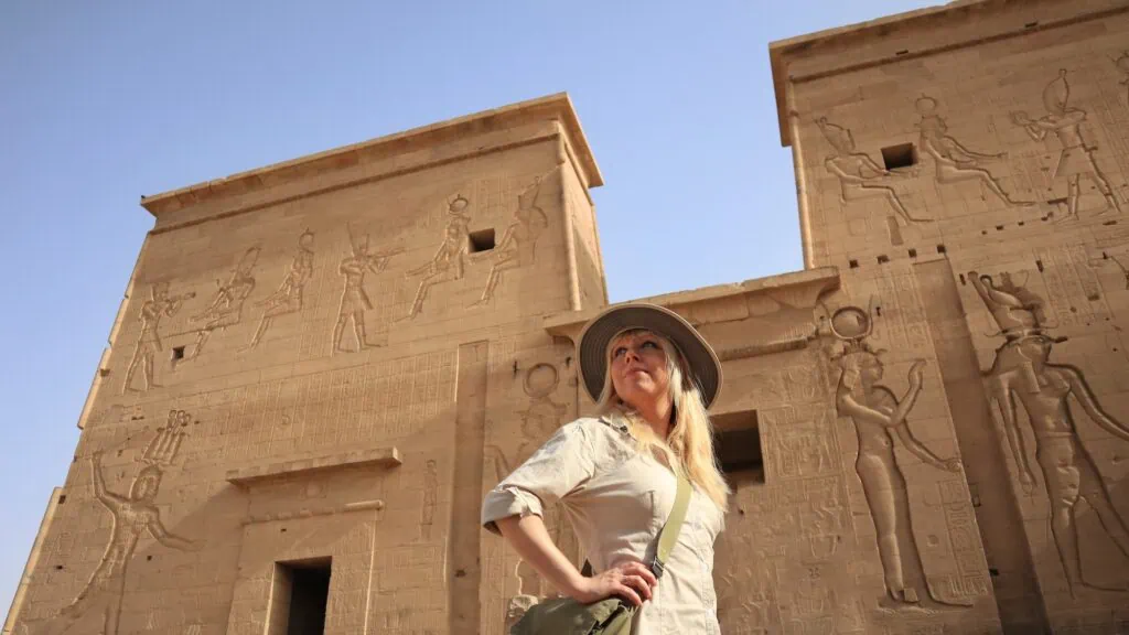 Female traveler at the Temple of Edfu, Egypt