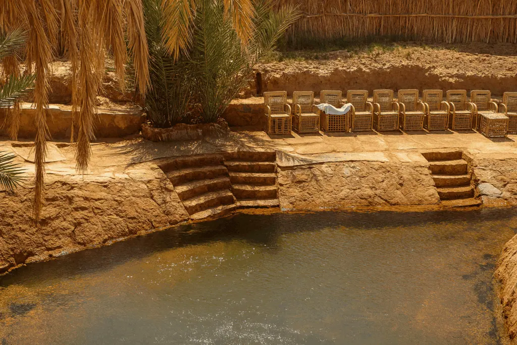 Dakhla Magic Spring natural hot spring surrounded by palm trees in a serene oasis landscape
