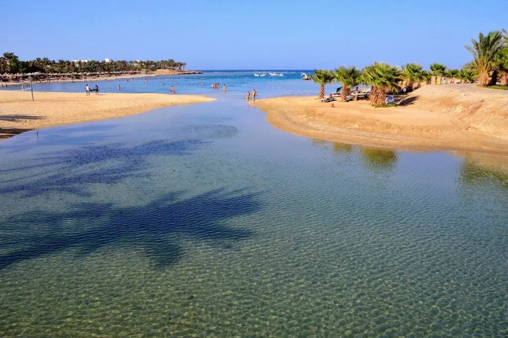 Sandy beach with clear blue water and gentle shoreline along the Red Sea coast, Marsa Alam