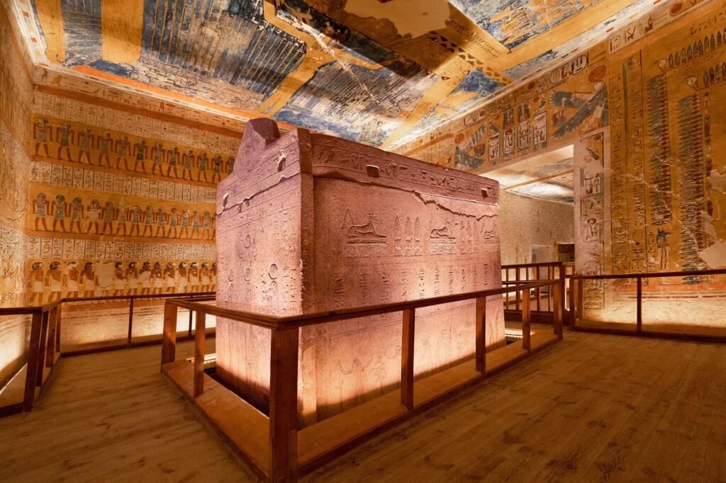 Tomb of King Tut in the Valley of the Kings – view of Tutankhamun’s burial chamber with ancient wall paintings