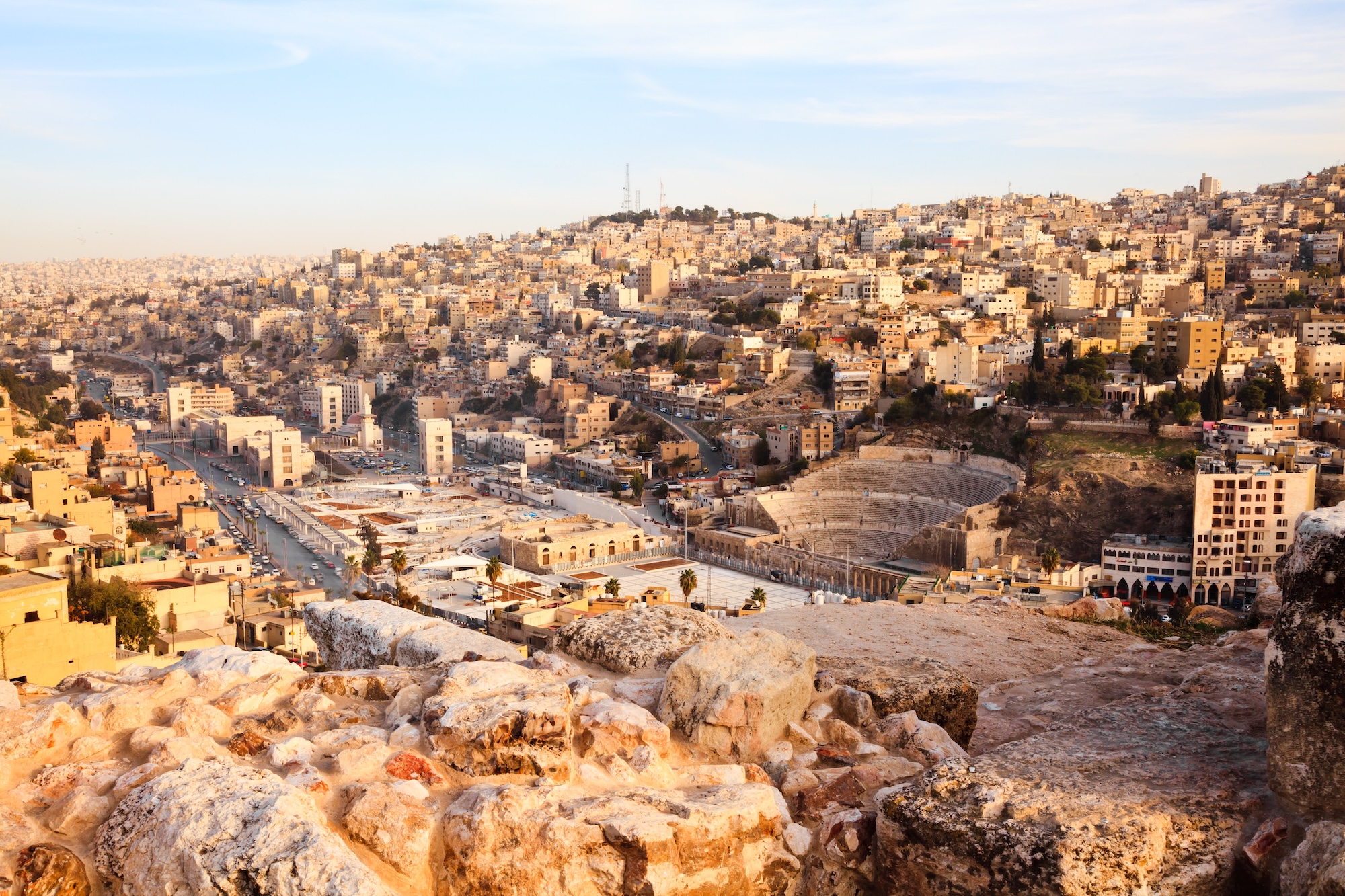 Aerial view of Roman Theater amphitheater in Amman, Jordan at golden hour