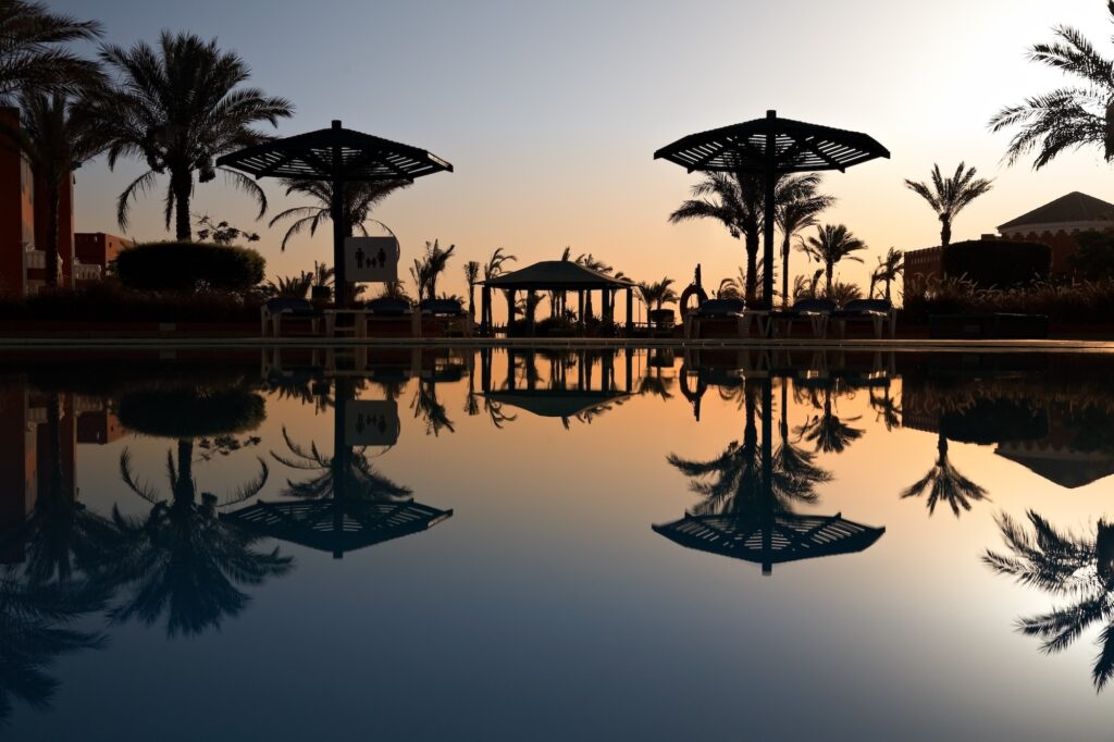 Swimming pool area at Hurghada Sunrise Resort in morning light, Hurghada