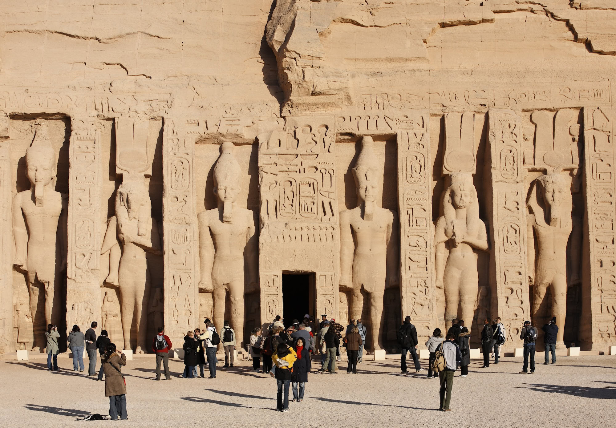Ancient Temple of Nefertari at Abu Simbel showing carved statues and hieroglyphic decorations