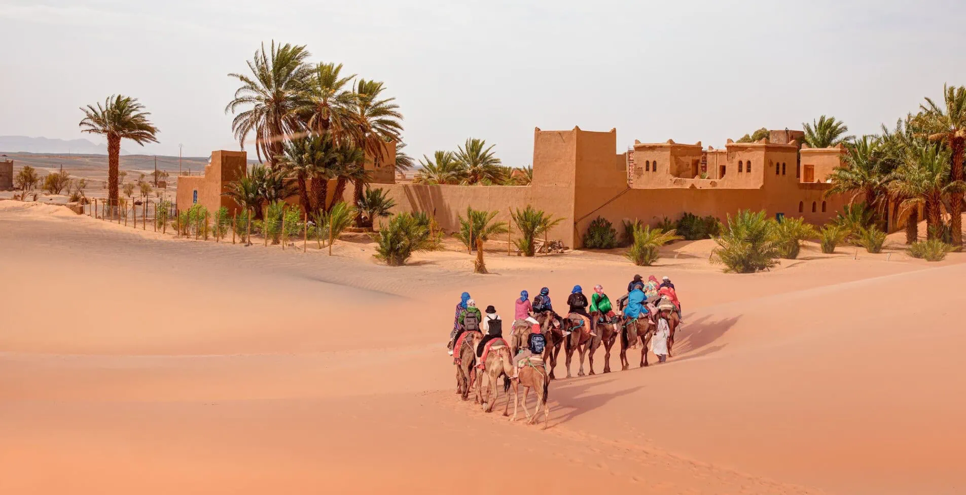 Tourists on safari Caravan of camel in the sahara desert of Morocco General view of the Merzouga hotels district 1905x976 crop 61 25