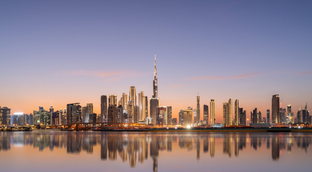 Dubai skyline showcasing the towering Burj Khalifa and Business Bay, United Arab Emirates