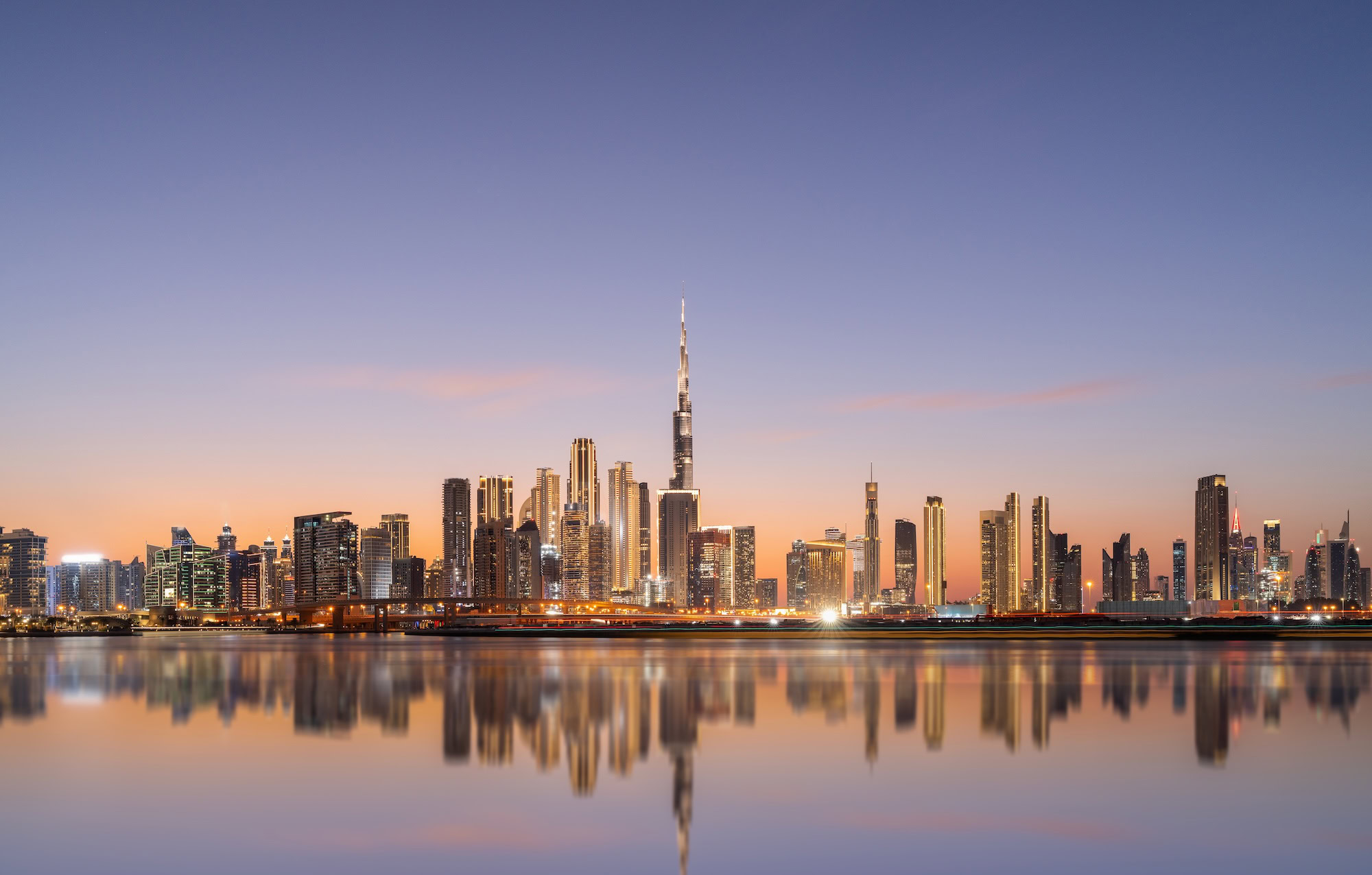 Dubai skyline showcasing the towering Burj Khalifa and Business Bay, United Arab Emirates