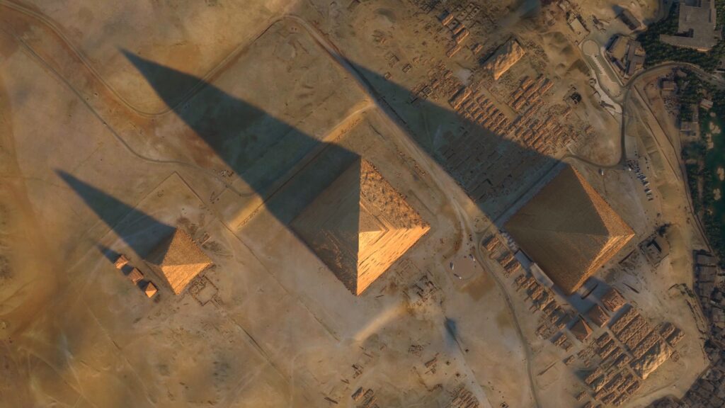 Aerial top down view of Giza Pyramid Complex