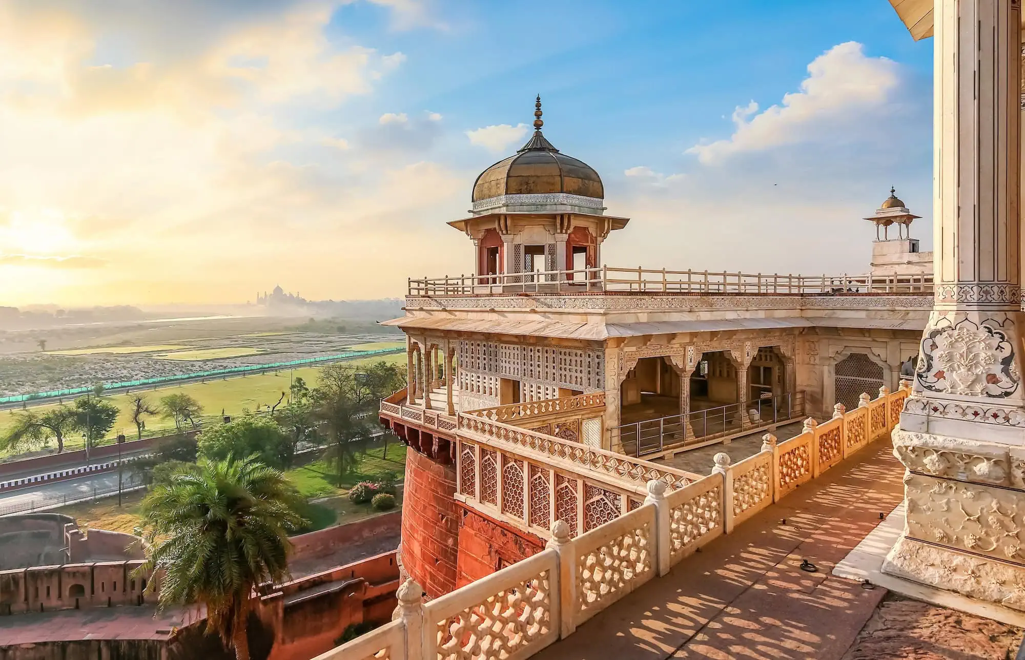 Mughal palace architecture at Agra Fort showing ornate domes, arches and decorative balconies