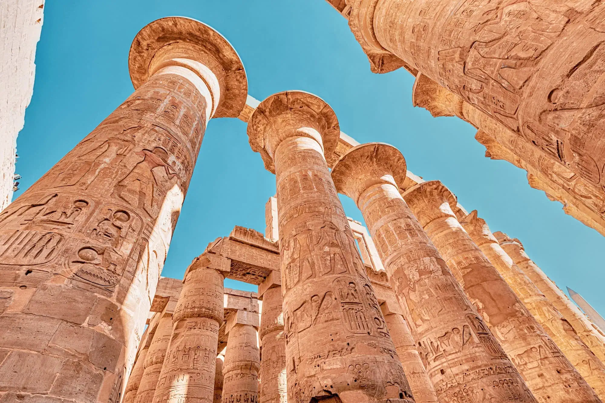 Hypostyle Hall with huge columns in Karnak temple in the famous city of
