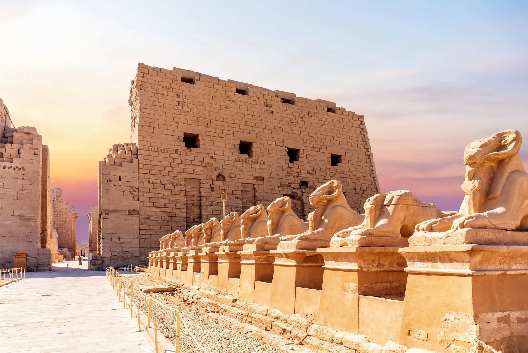 Sphinx-lined pathway at Karnak Temple Complex in Luxor, Egypt