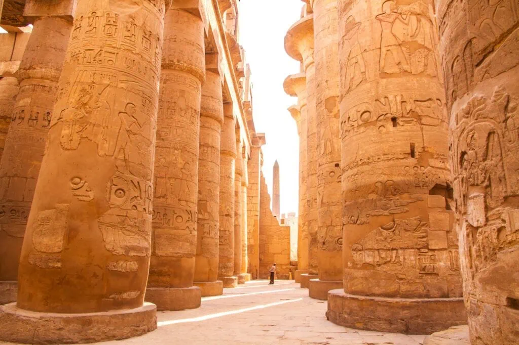 Hypostyle Hall with large stone columns inside Karnak Temple, Luxor
