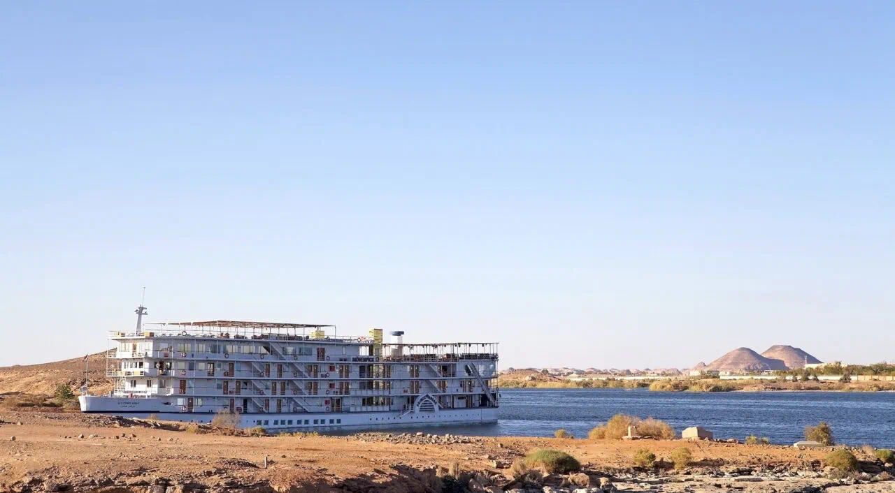 Lake Nasser cruise from Abu Simbel to Aswan, Egypt. Movenpick Prince Abbas ship at Abu Simbel