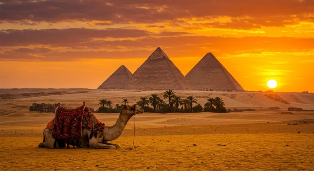 The three Pyramids of Giza silhouetted against an orange sunset sky on the desert plateau near Cairo, Egypt.