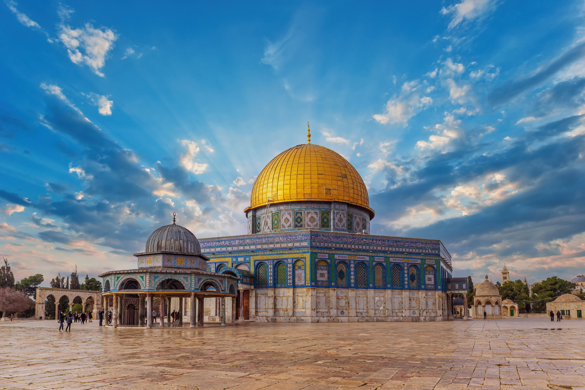 Golden Dome of the Rock mosque with courtyard in Jerusalem's Old City