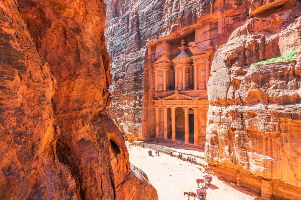 Al-Khazneh, the Treasury at Petra in Jordan, the 1st-century AD Nabataean rock-cut facade rising 39 metres at the end of the Siq.