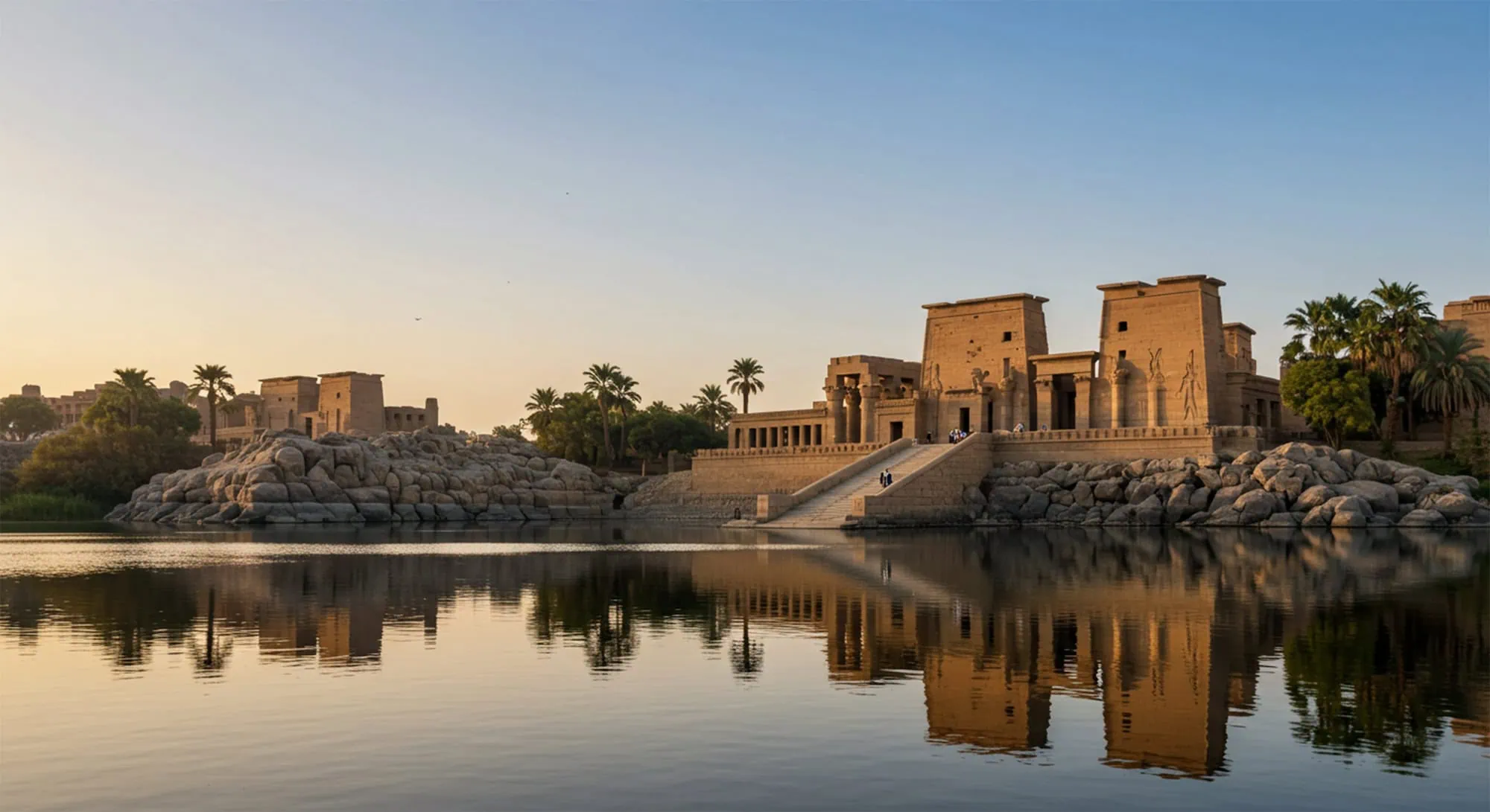 Philae Temple complex on Agilkia Island reflected in Nile River waters at golden hour