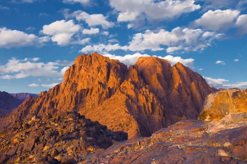 Amazing Sunrise at Sinai Mountain, Beautiful dawn in Egypt, early morning view of the top of Mount Moses