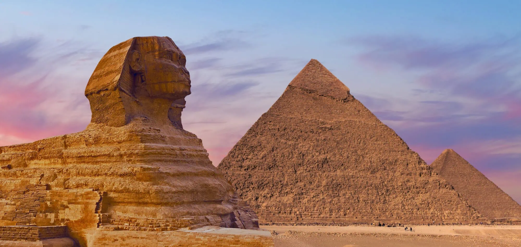 Great Sphinx and Pyramids of Giza showing massive stone construction