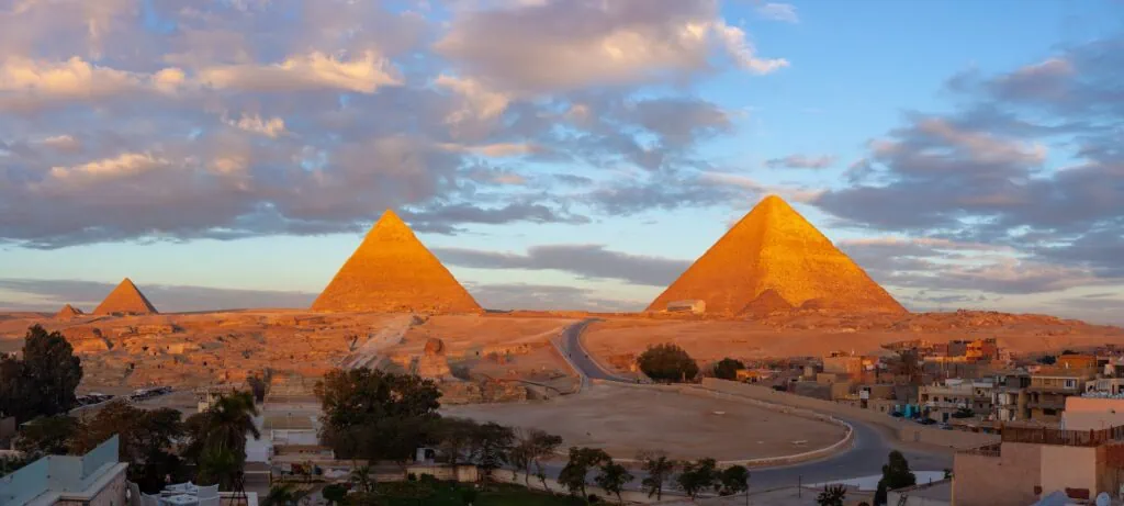 The sunrise the Great Pyramid in Giza Valley Cairo Egypt