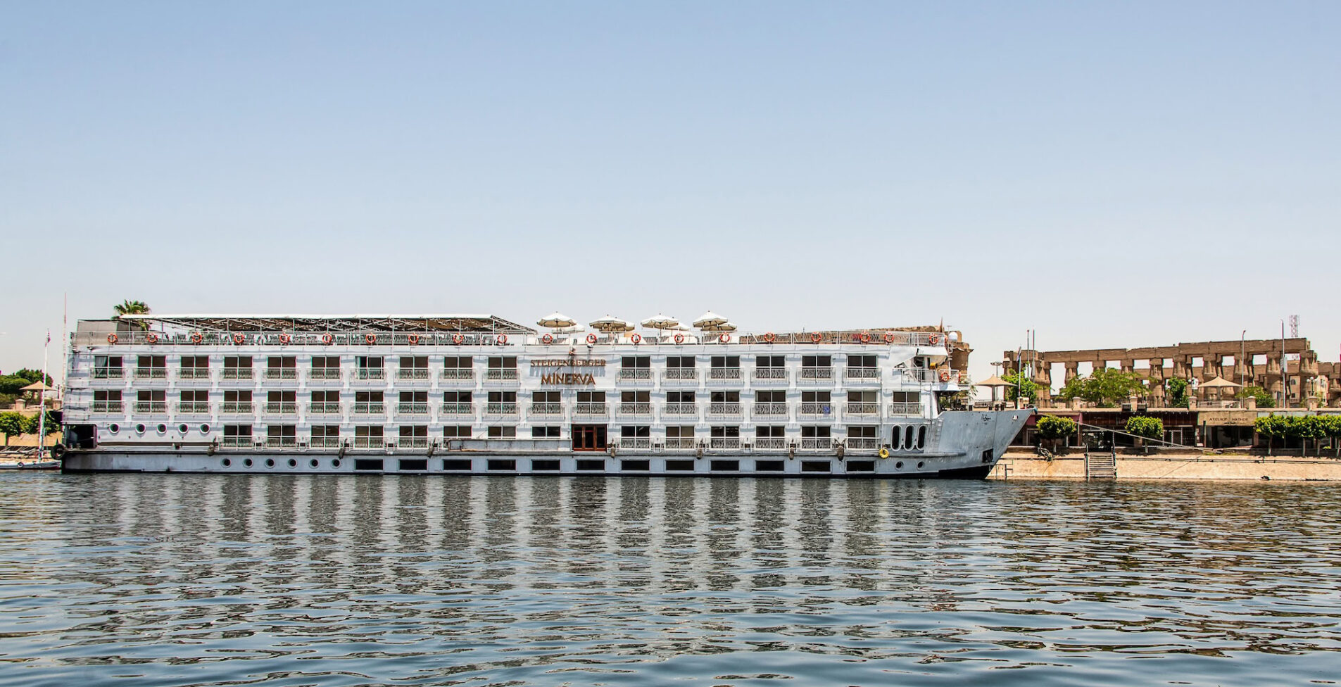 View on the Nile River with the Steigenberger Minerva Cruise Boat Hotel on West Bank 1