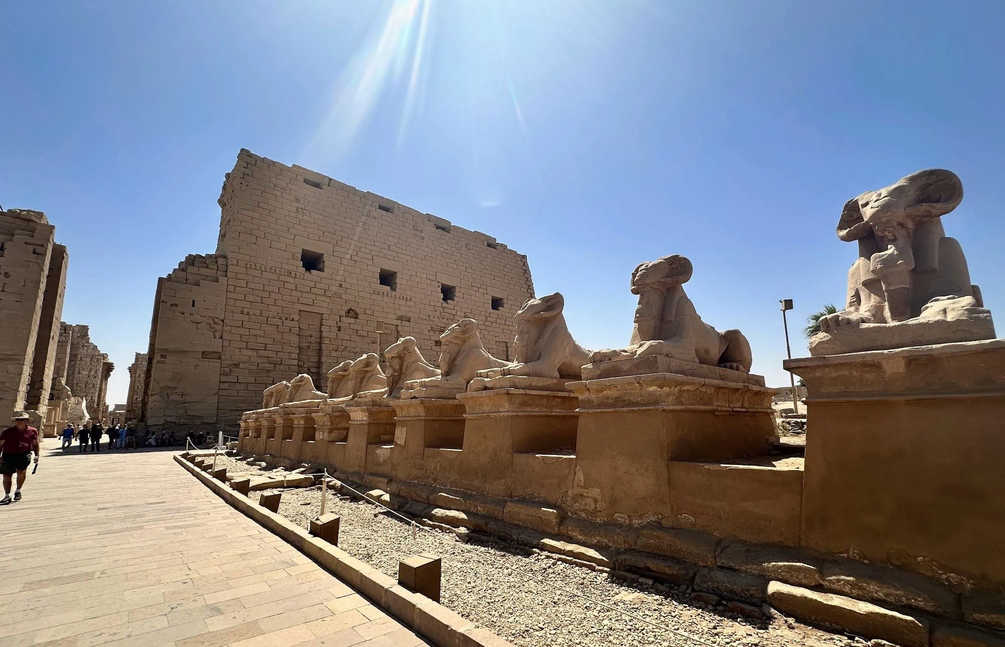 Ram-headed sphinx statues lining the ancient walkway at Karnak Temple Complex in Luxor