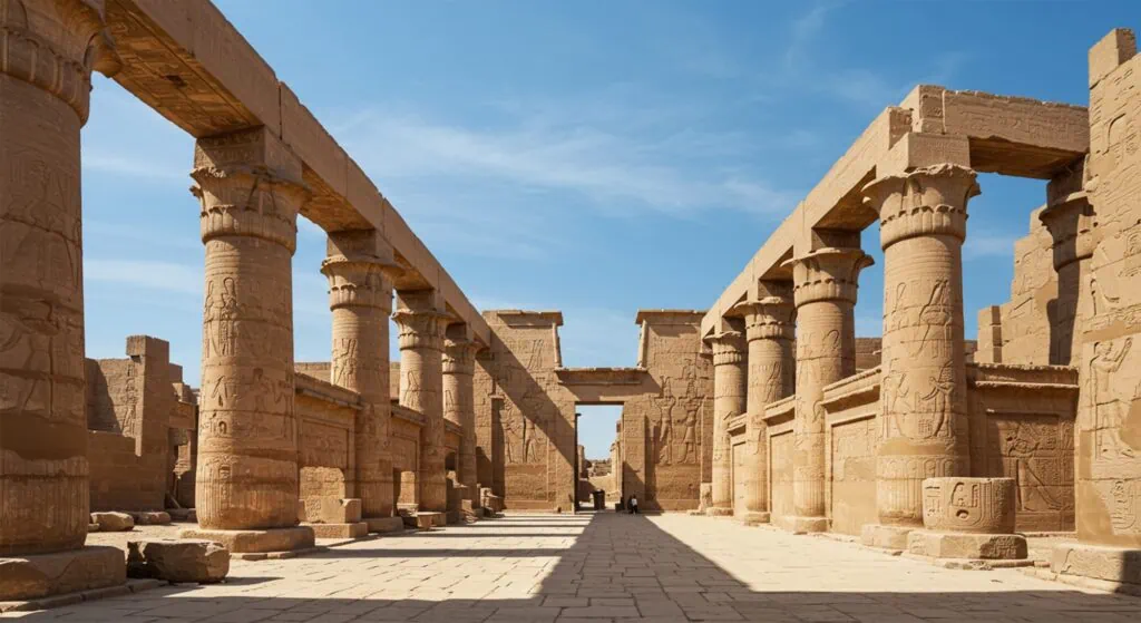 A long hall of ancient Egyptian stone columns covered in hieroglyphic carvings under a clear blue sky at a temple in Luxor, Egypt.
