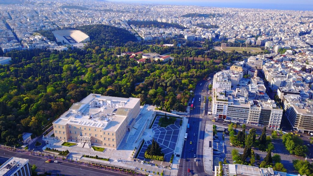 Aerial view of Syntagma Square and the Greek Parliament in Athens