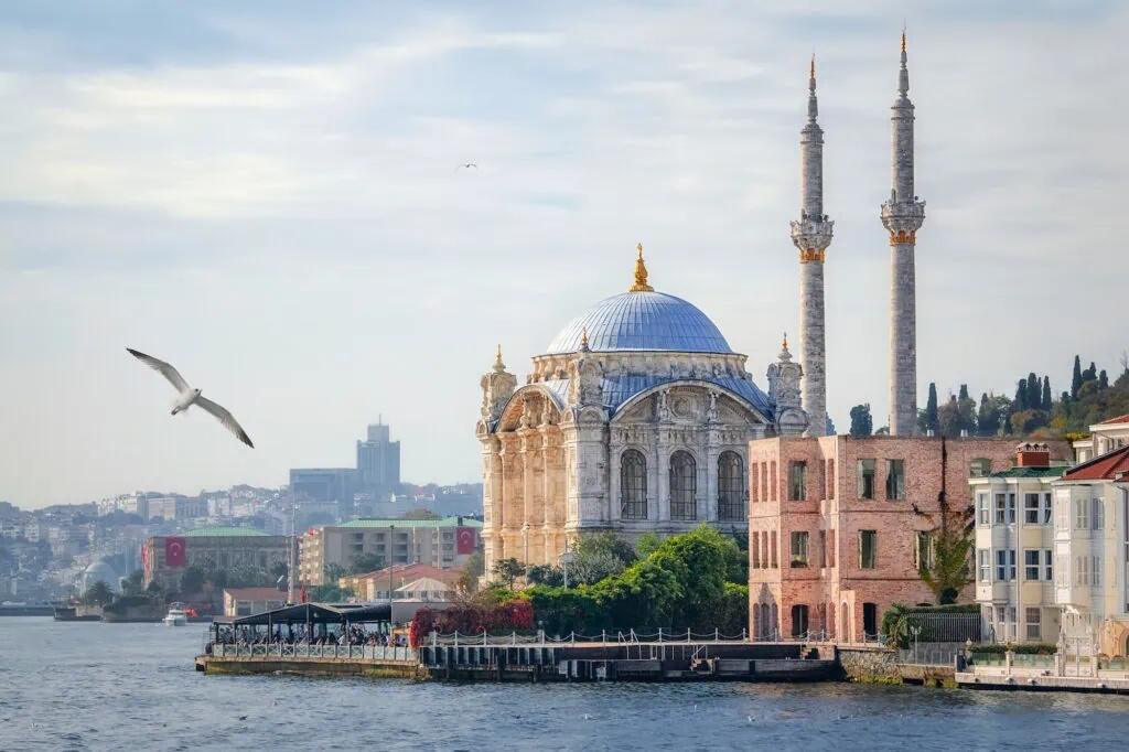 Blue Mosque (Sultanahmet Mosque) with cascading domes and minarets overlooking the Bosporus and surrounding cityscape, Istanbul