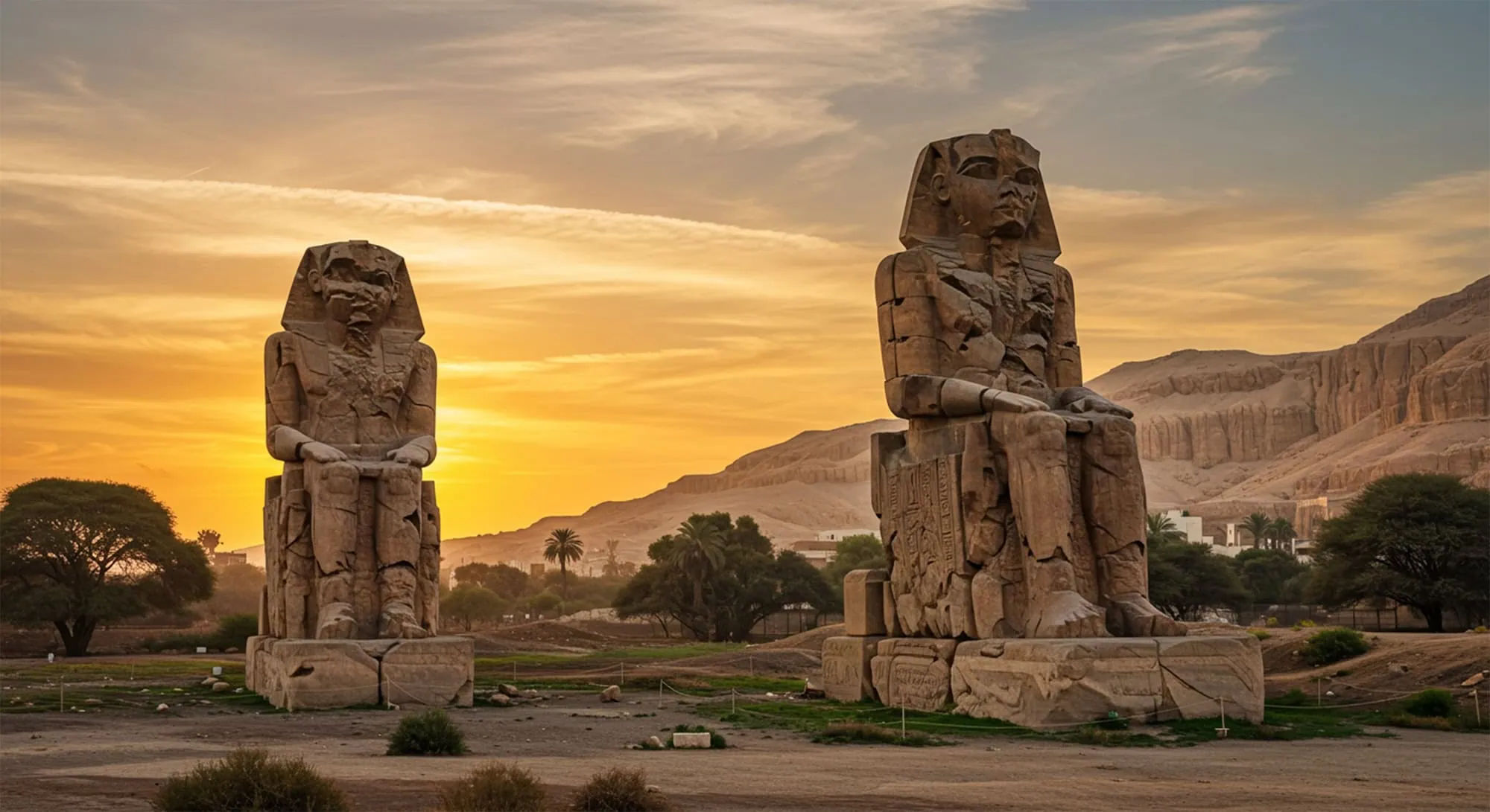 Colossal statues of pharaoh Amenhotep III at Luxor with hieroglyphic inscriptions