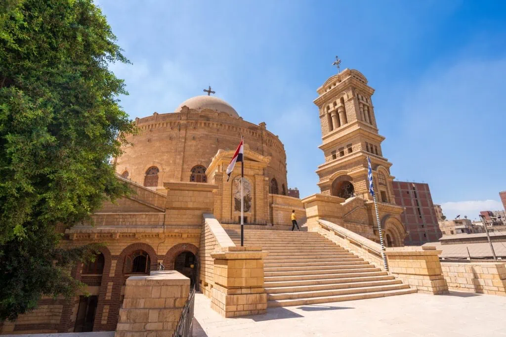 Exterior of the circular Greek Orthodox Church of Saint George in Coptic Cairo, built atop a Roman-era fortress tower