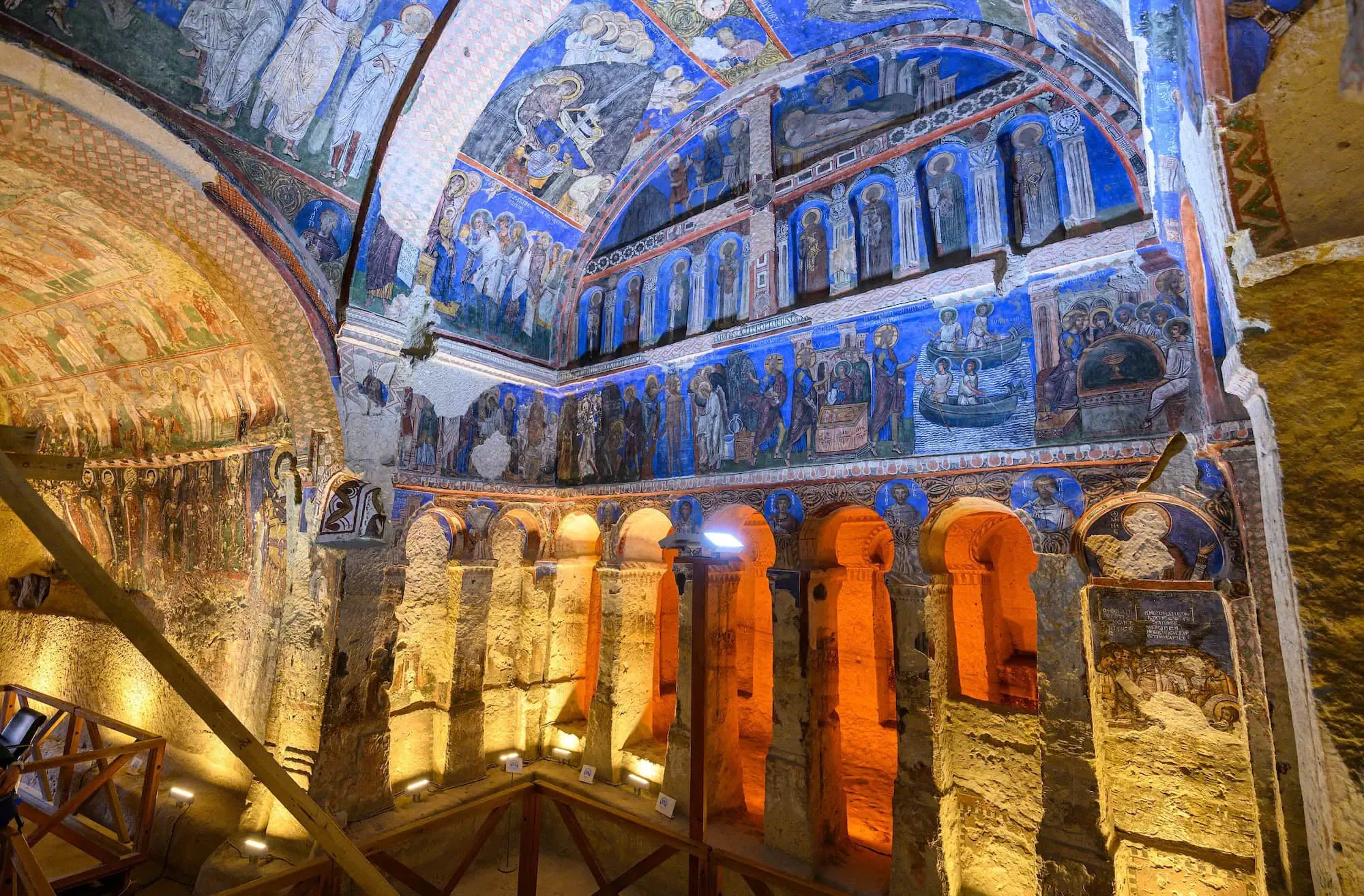 Interior of Dark Church showing Byzantine frescoes on rock walls