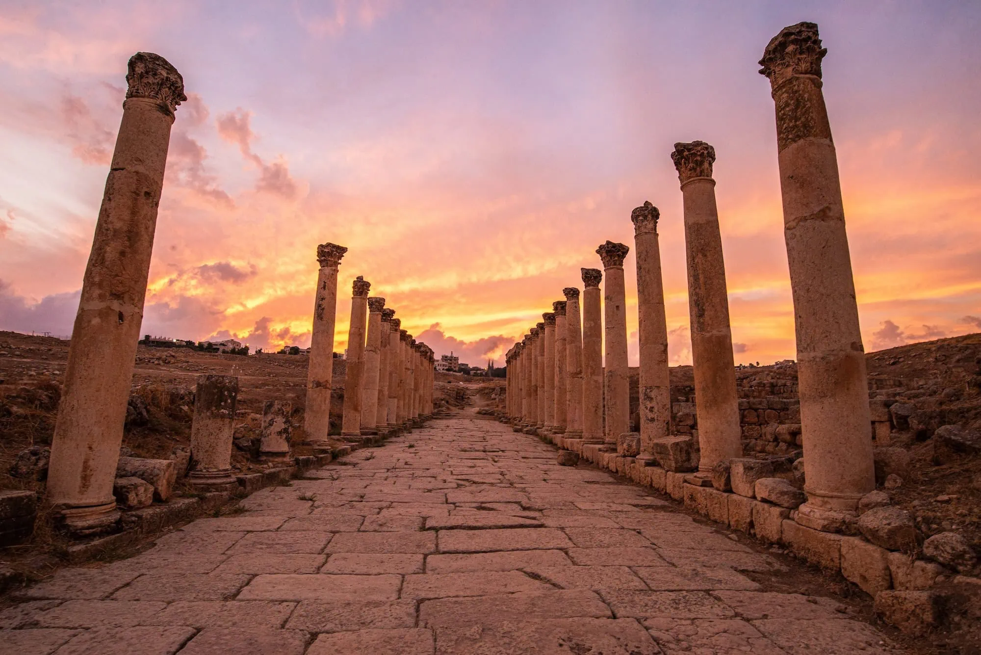 Ancient Roman columns and ruins at Jerash archaeological site in Jordan
