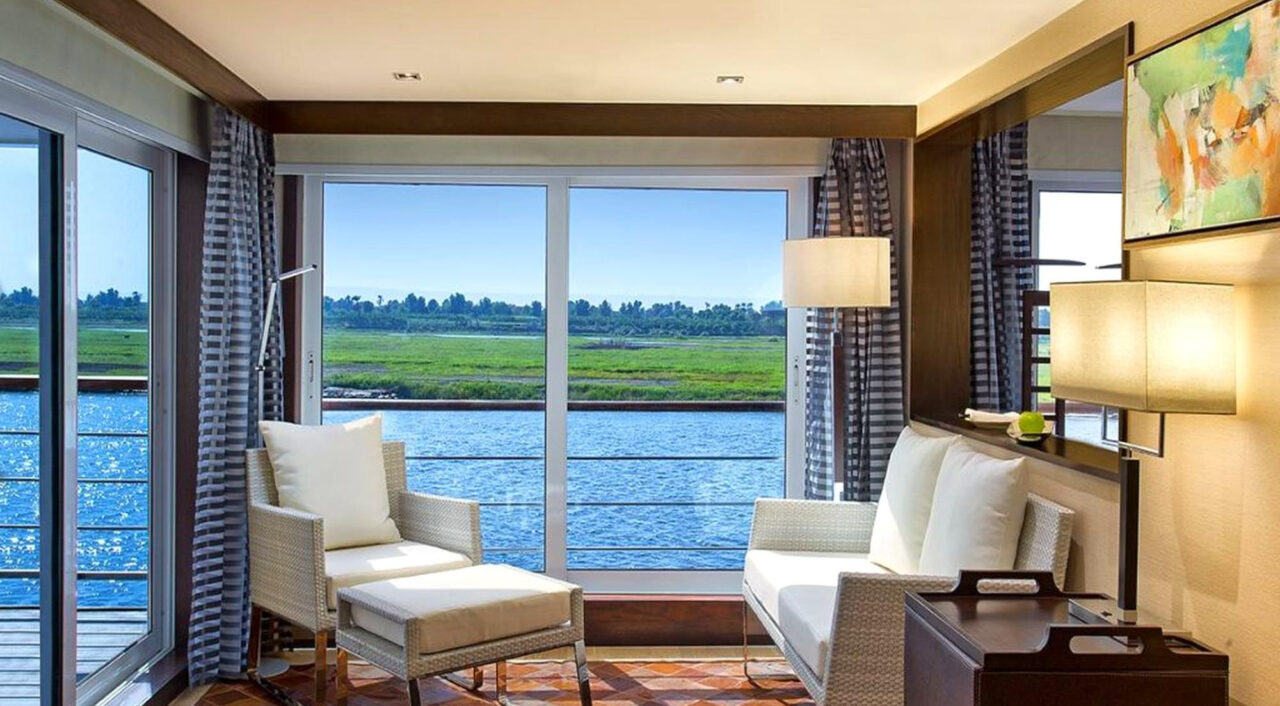 Oberoi Philae suite sitting area with Nile River view