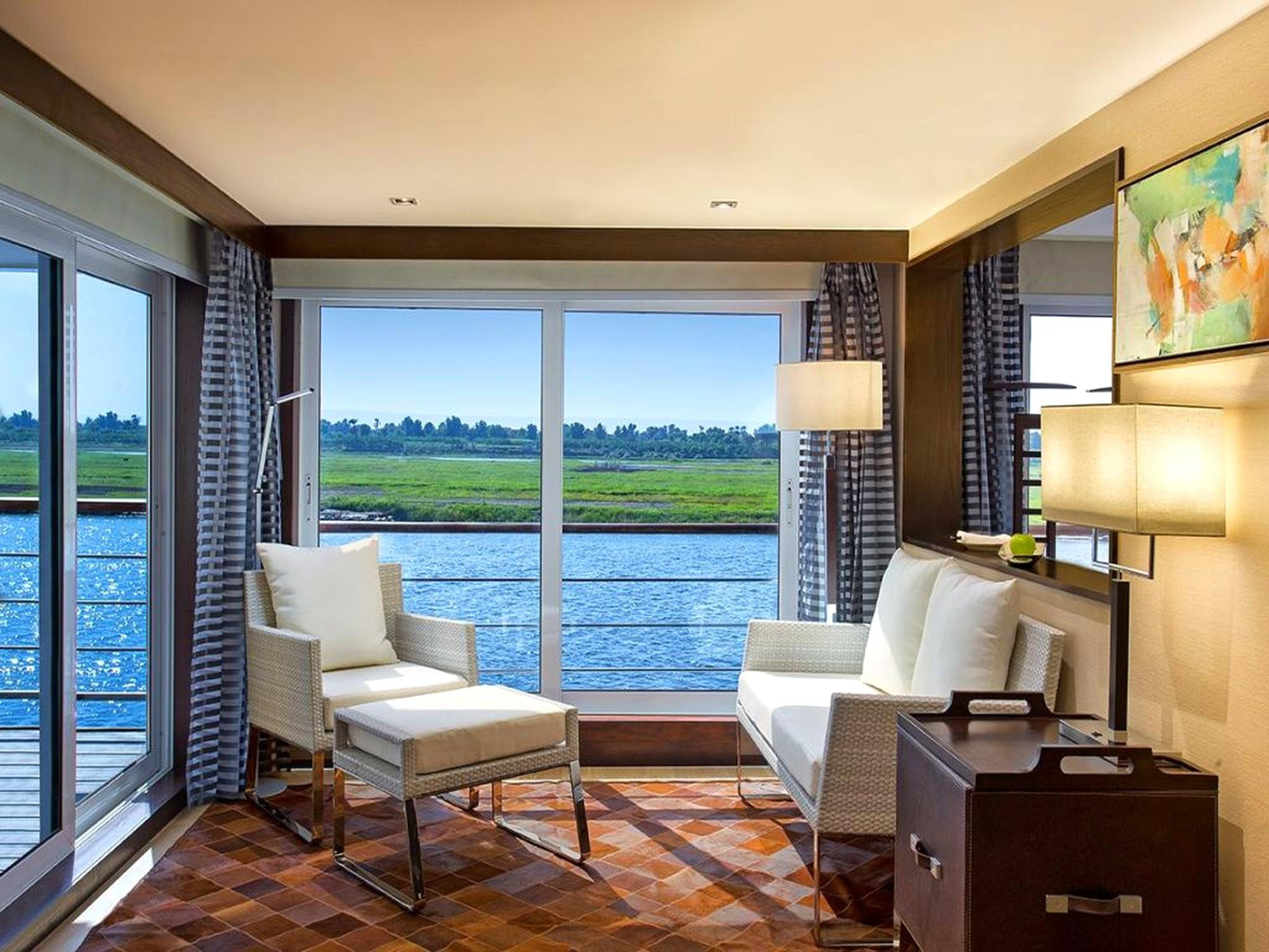 Oberoi Philae suite sitting area with Nile River view