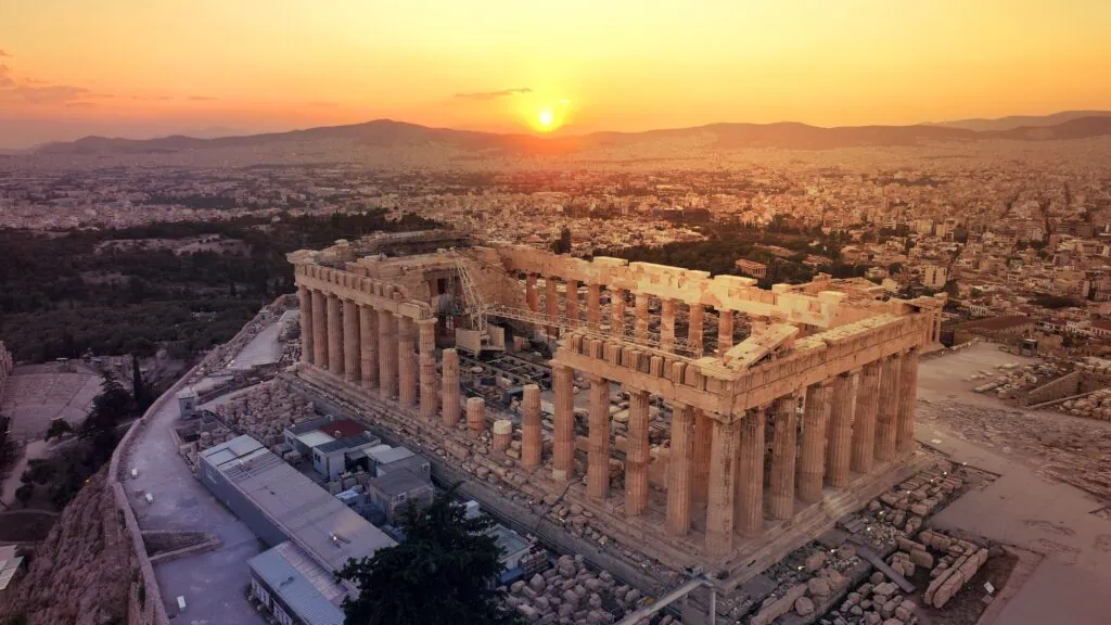 Athens at golden hour, from above the Acropolis — a natural pairing for an Egypt and Greece tour