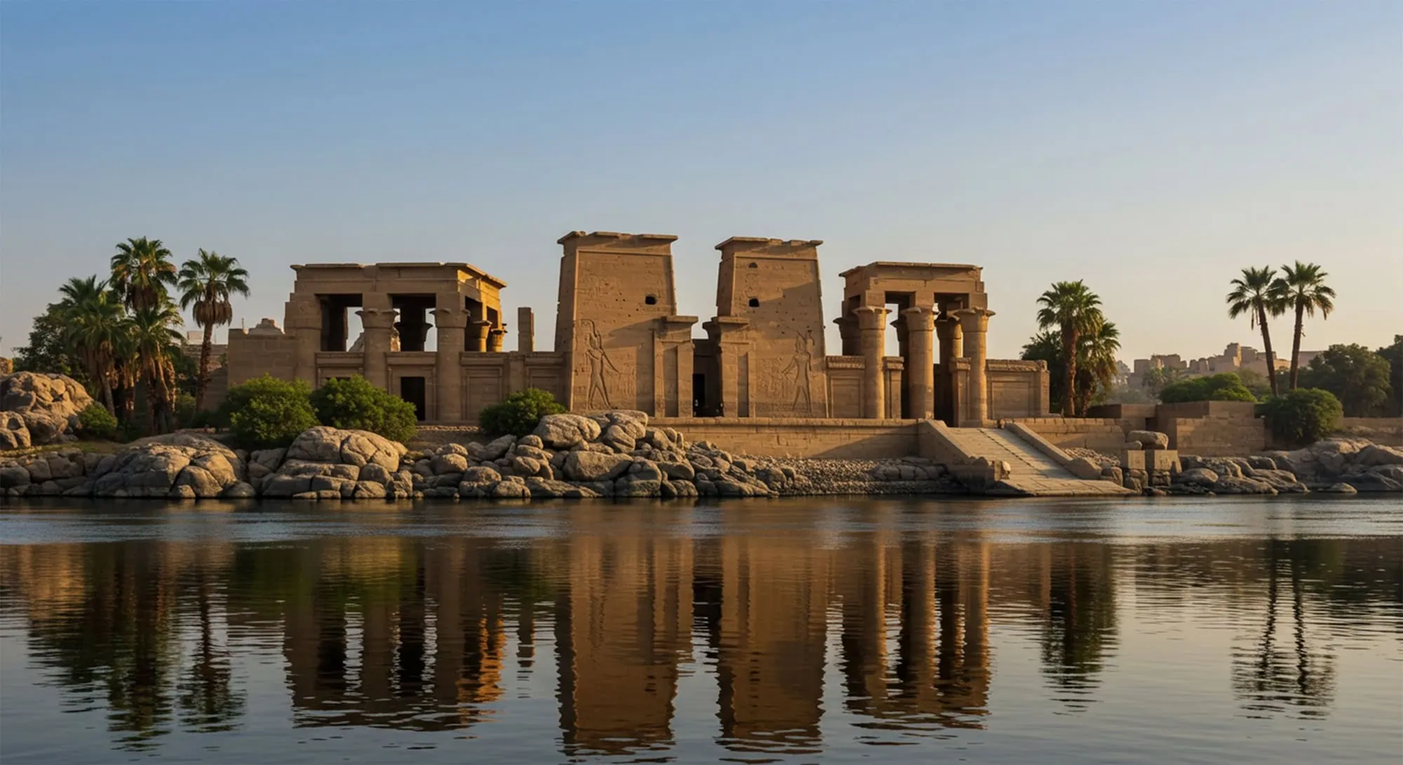 Ancient Temple of Philae with stone columns, hieroglyphs, and palm trees reflected in water
