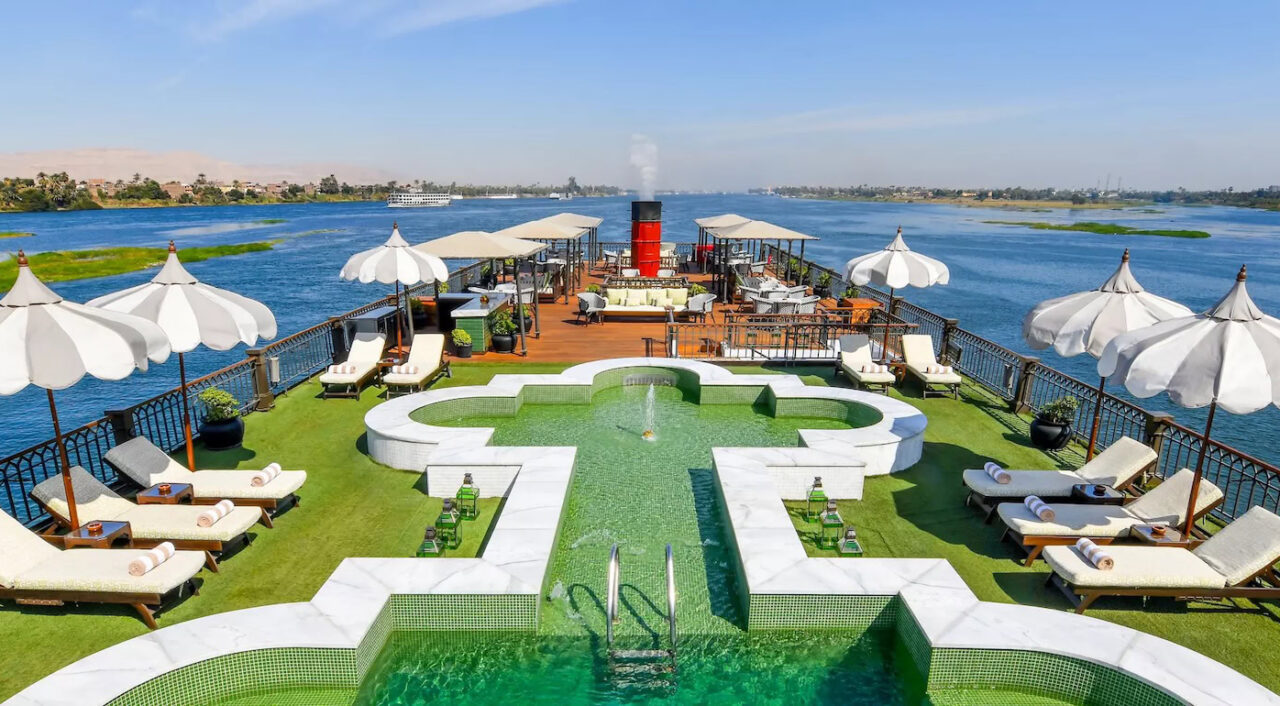 Upper deck view of Mövenpick SS Misr sailing on the Nile