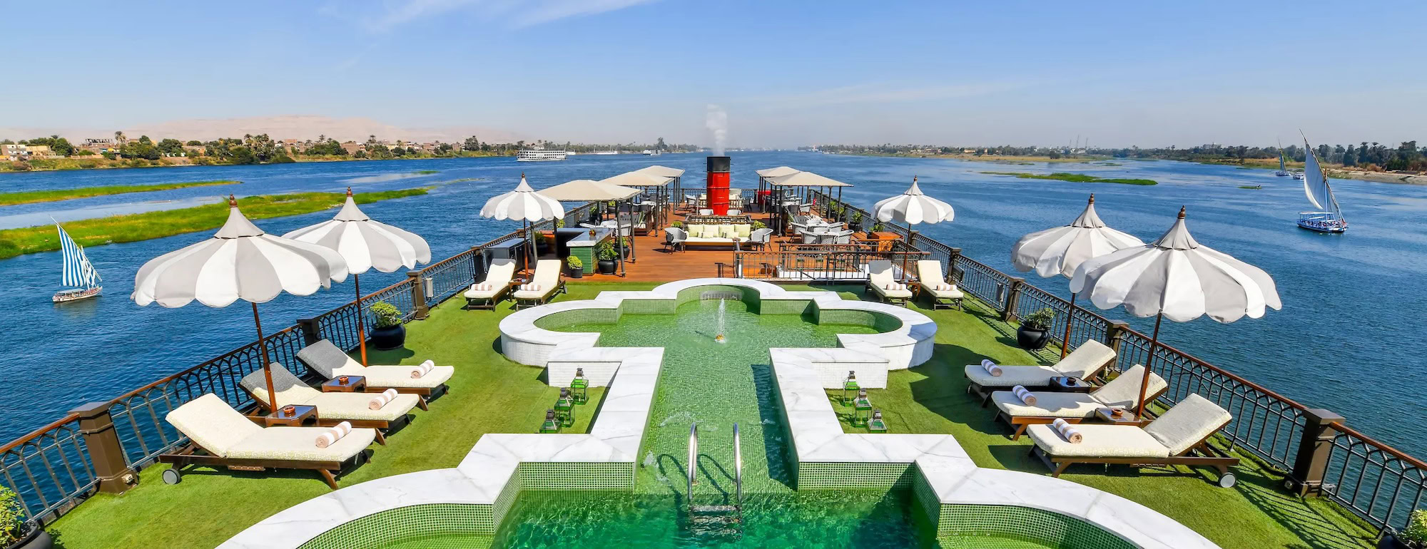 Upper deck view of Mövenpick SS Misr sailing on the Nile
