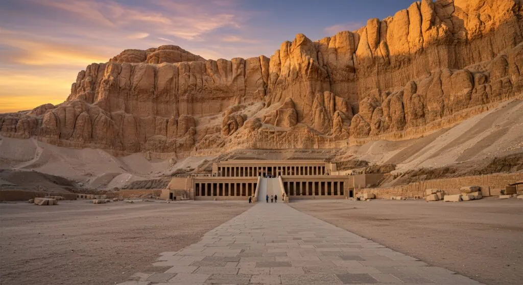 The three-terraced mortuary temple of Queen Hatshepsut at Deir el-Bahari on Luxor's West Bank, built against the cliffs of the Theban necropolis and photographed in late-afternoon sunset light.