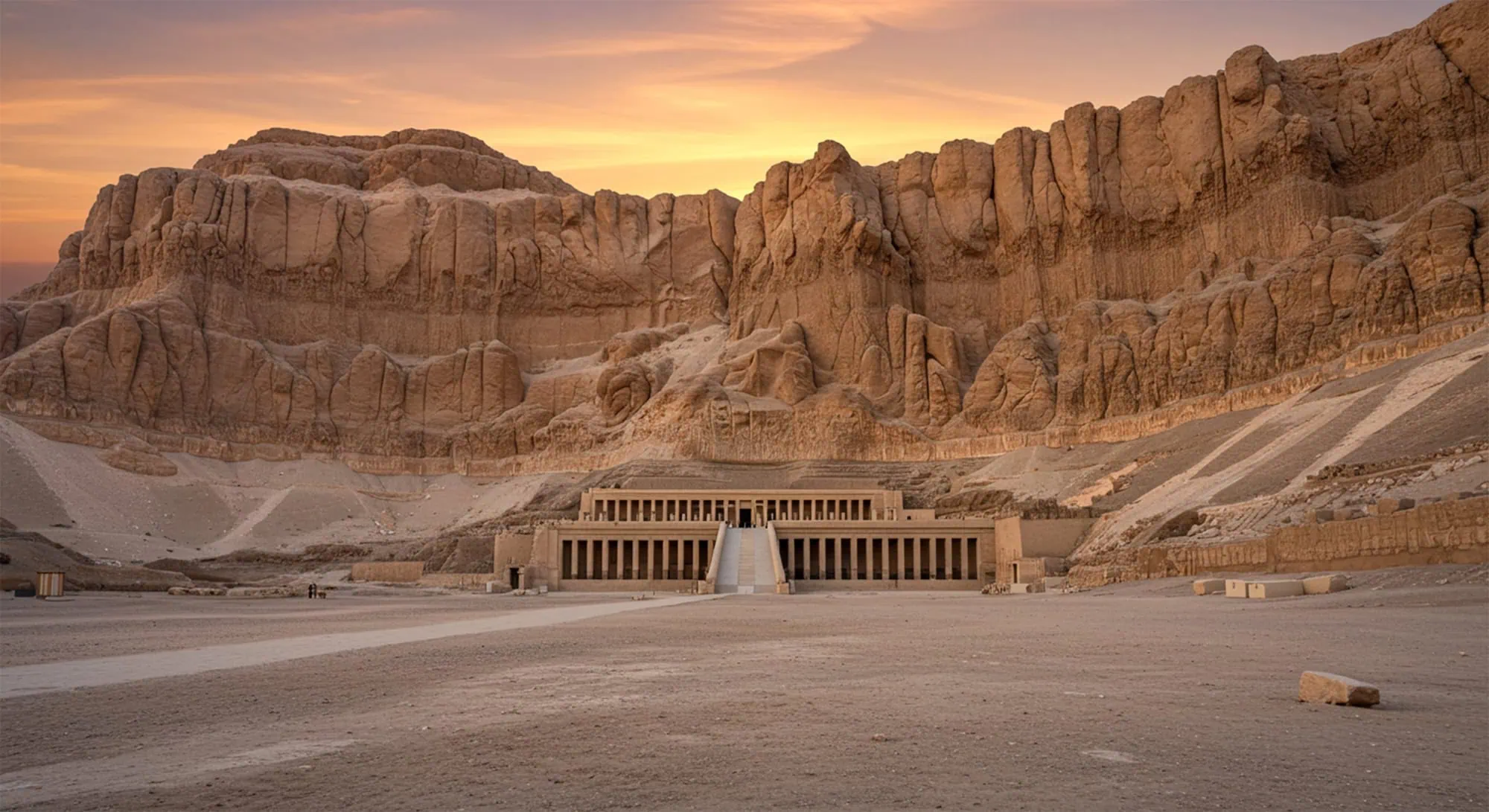 Ancient terraced Mortuary Temple of Hatshepsut built into limestone cliffs in Luxor, Egypt