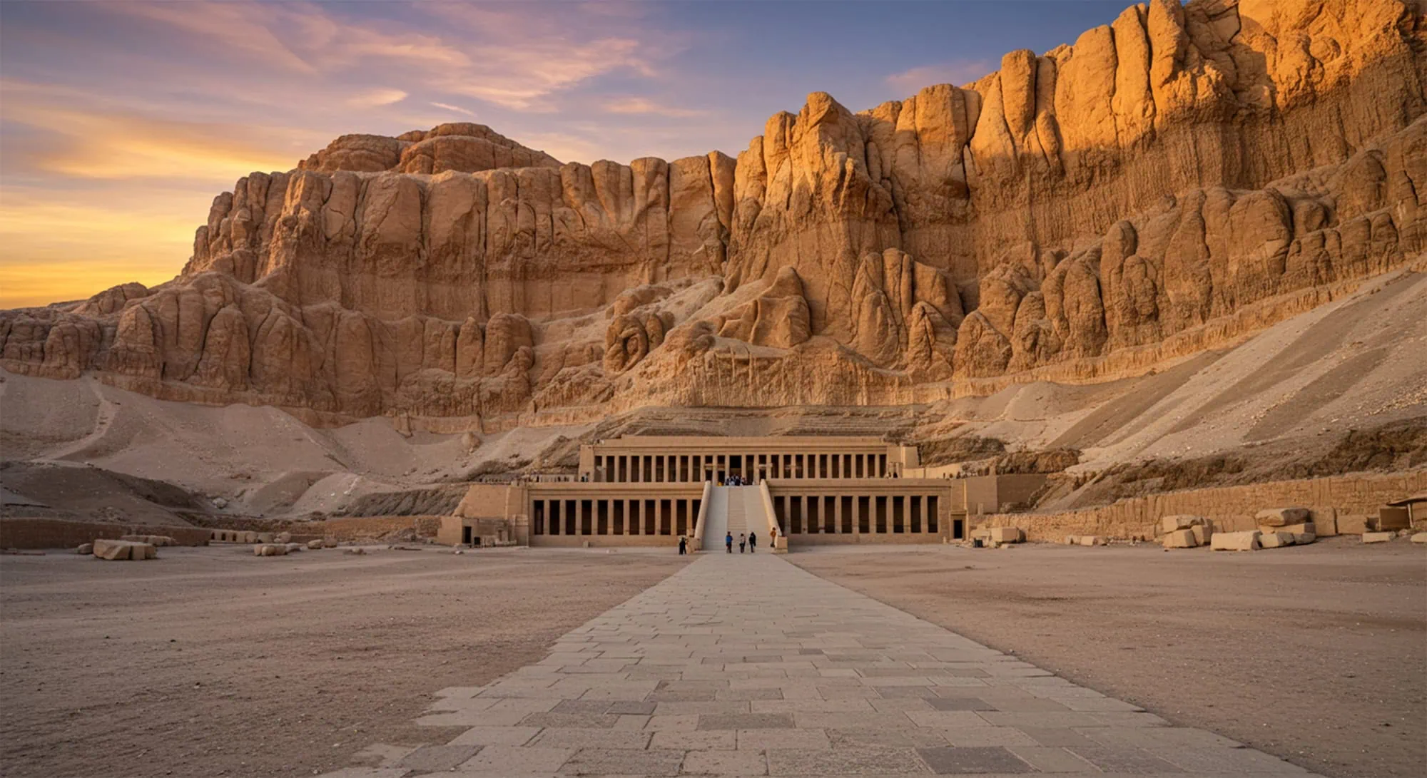 Temple of Hatshepsut with terraced columns against dramatic limestone cliffs