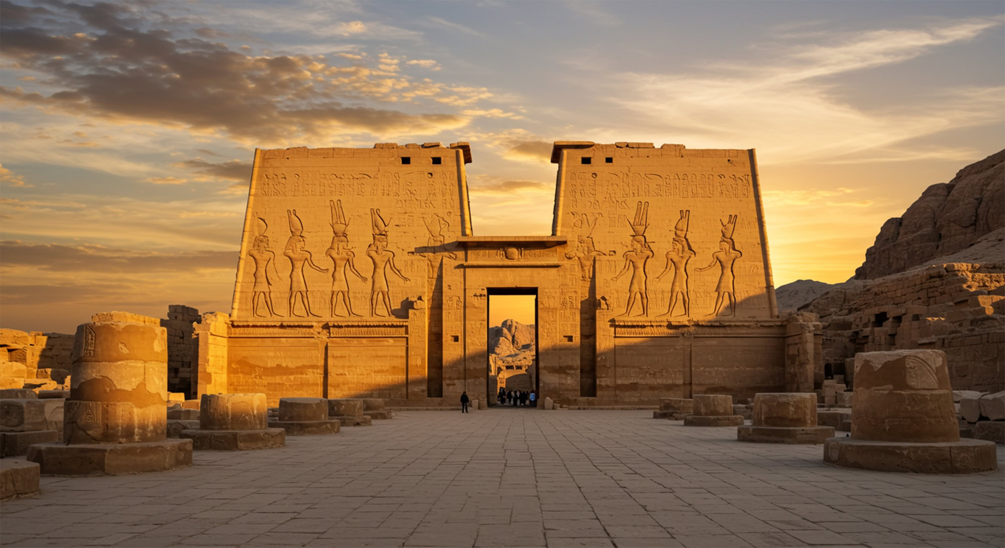 Visitors exploring the majestic Temple of Horus at Edfu with towering stone pylons and hieroglyphs