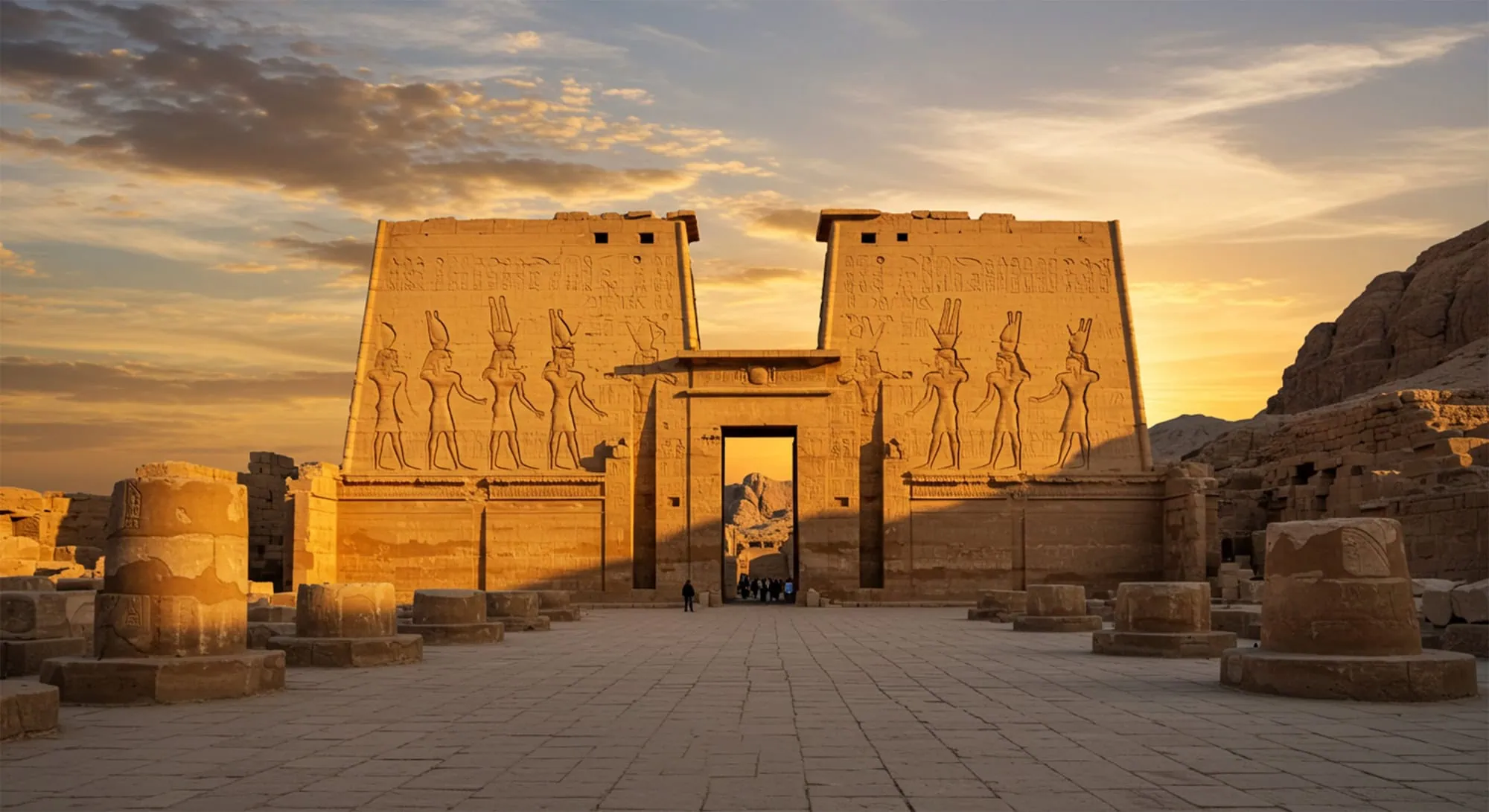 Majestic entrance of Edfu Temple with massive pylon gates, hieroglyphs, and visitors in courtyard