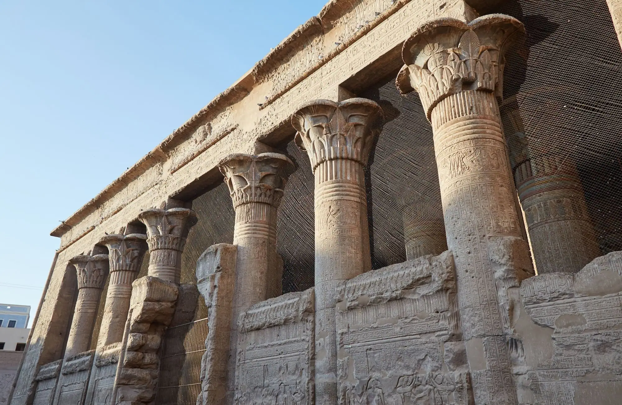 Ancient columns with hieroglyphs at the Temple of Dendera in Egypt
