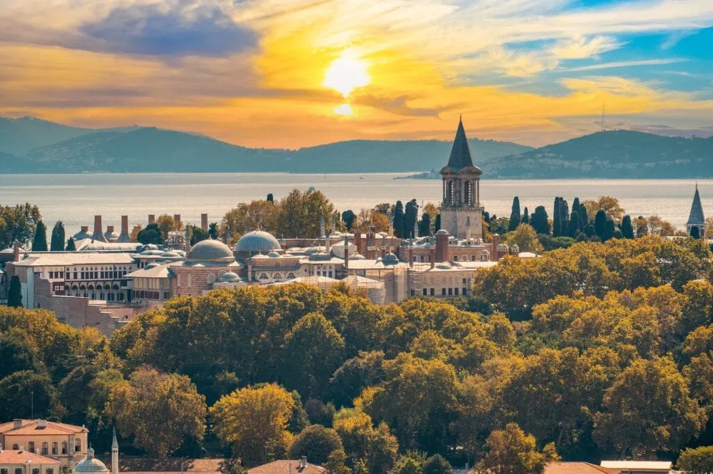 Topkapi Palace overlooking the Marmara Sea and Golden Horn at sunset, Istanbul
