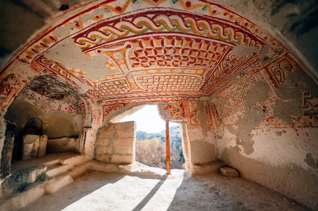 St Basil the Blessed Cave Church frescoes with Greek lettering in Gomeda Valley, Goreme