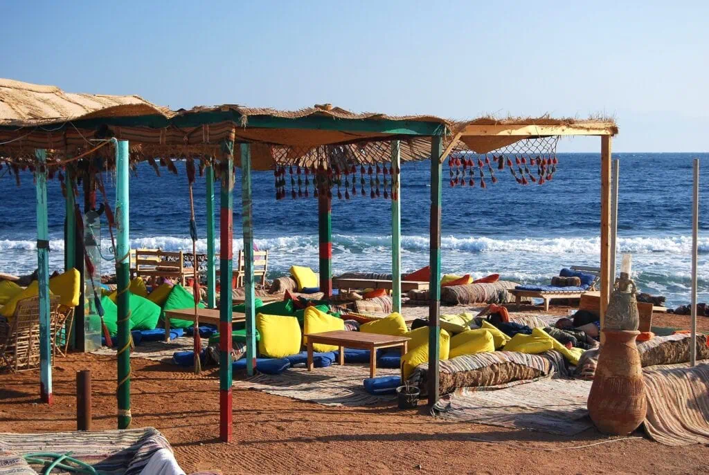 Seafront restaurant terrace overlooking the Gulf of Aqaba, Dahab