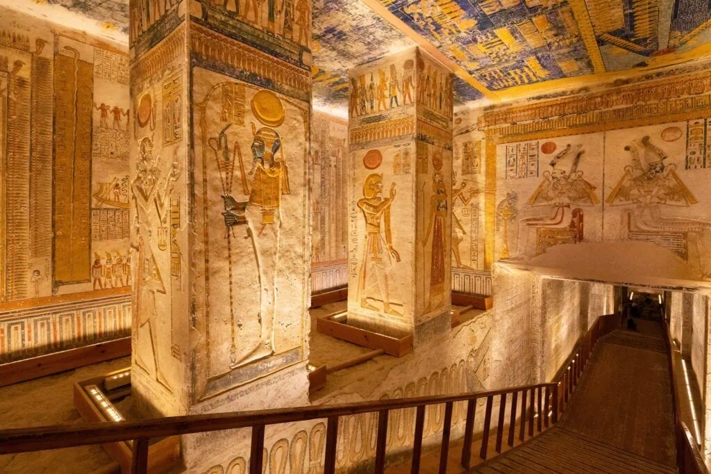Painted burial chamber of the Tomb of Ramesses VI (KV9) in the Valley of the Kings, with vivid hieroglyphic ceiling scenes.