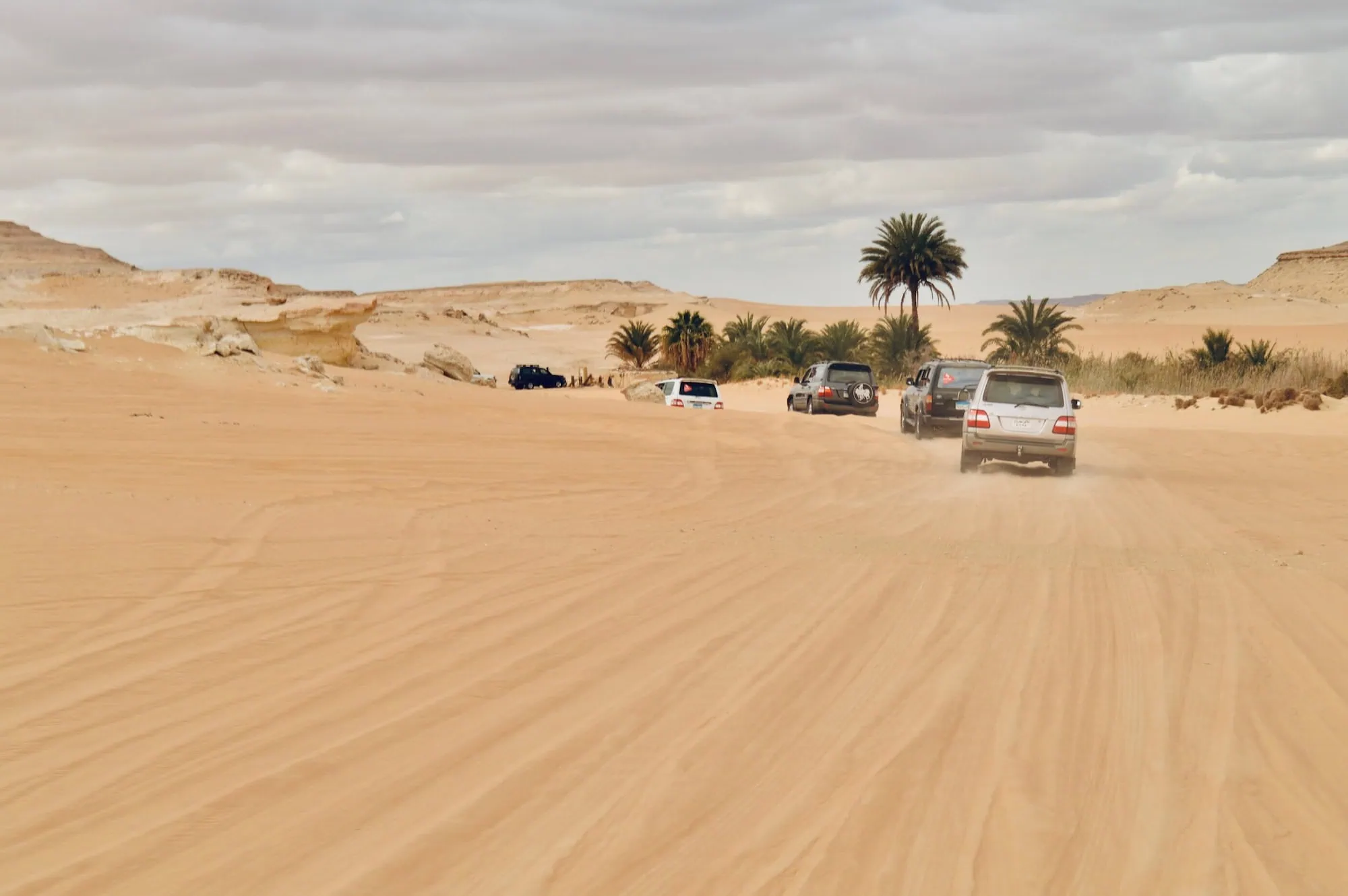 4x4 vehicles traveling through sand dunes in Siwa Oasis desert adventure safari