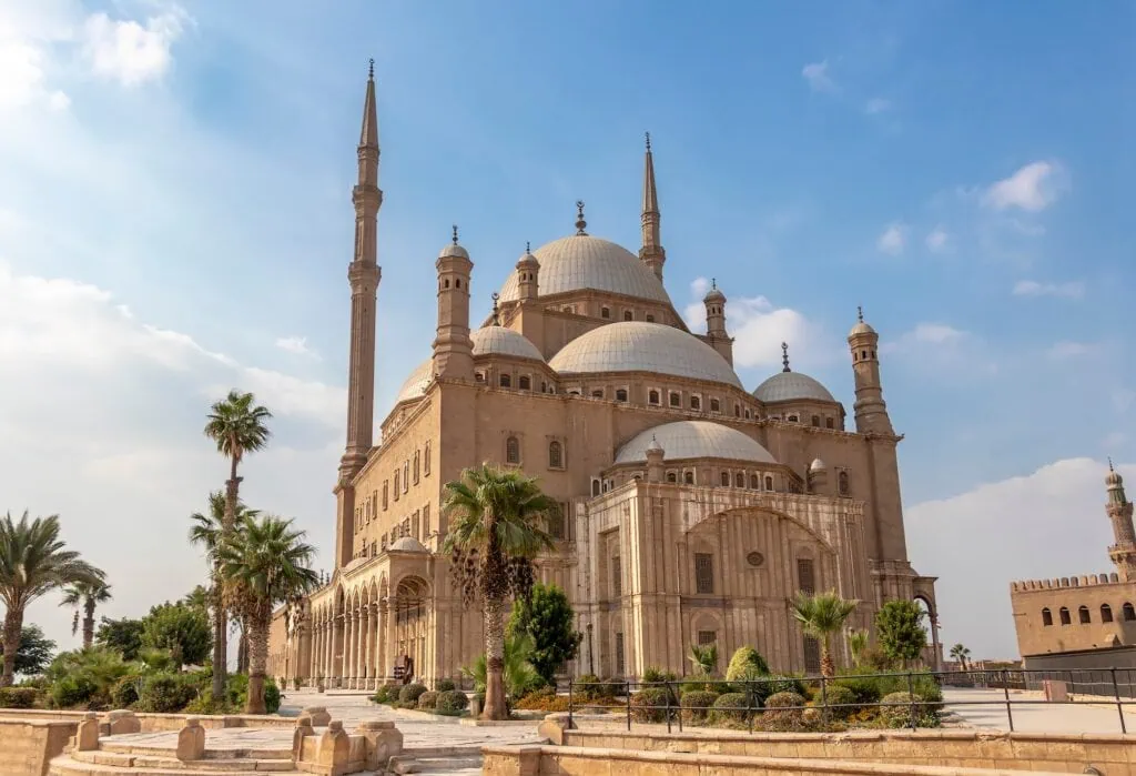 The Great Mosque of Muhammad Ali Pasha (Alabaster Mosque) with its central dome and twin minarets rising above the Citadel of Saladin, Cairo